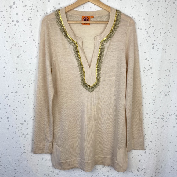 Tory Burch Embellished Merino Wool Dove Tunic Sweater M - Picture 1 of 12